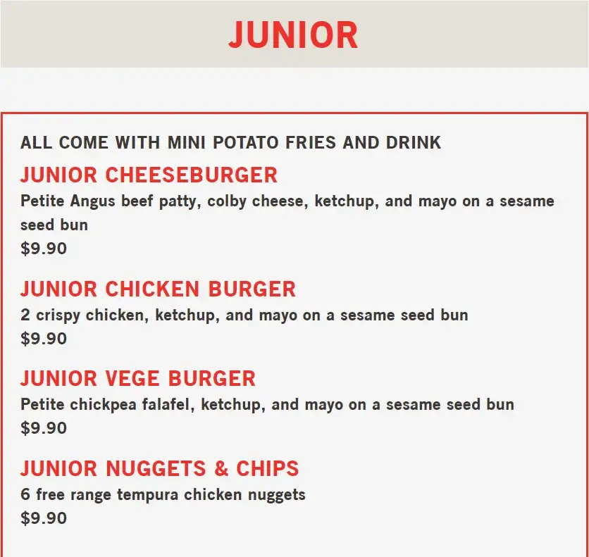 Burger Wisconsin Junior Menu