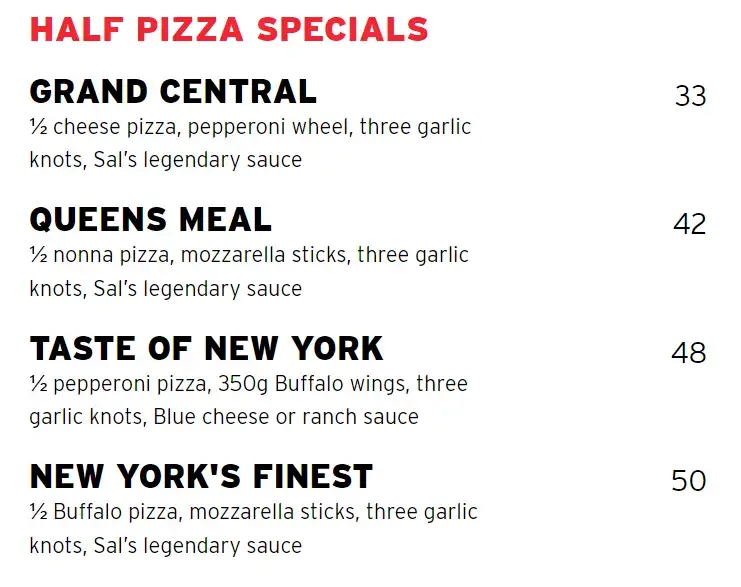 Sal’s Half Pizza Special Menu